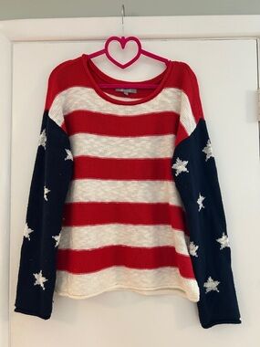 Flag Stripe Knit Sweater - Red, White & Navy Stars, L